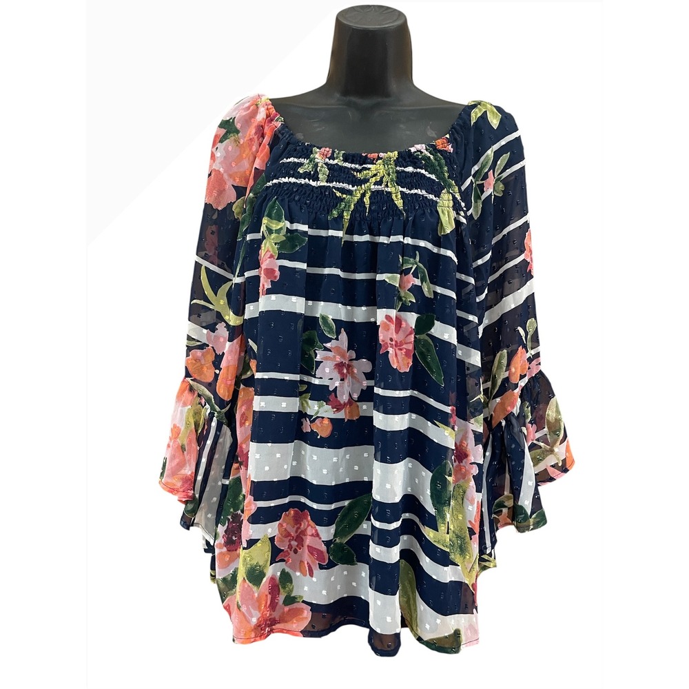 Melissa Paige Floral Stripe Bell Sleeve Smocked Blouse Navy Blue Pink Medium
